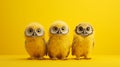 Soft friendly fir covered owls standing in a yellow studio. 3d generated characters with yellow feathers. AI Generated