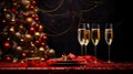 Four sparkling wine champagne, set against shimmering confetti, glowing orbs, plate,and ribbons on Christmas