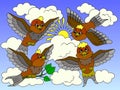 Four sparrows in the sky. Children color book. Raster