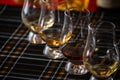 Four Special tulip-shaped glasses for tasting of Scotch whisky on distillery in Scotland, UK and dark tartan