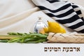 Sukkot. etrog and lulav with talit. Text - four species