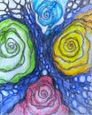 Four spirals flowers tree drawing by hand
