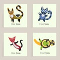 Four square cards. Hand drawn funny March cats. Artistic background with cute kittens. I love Spring