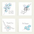 Four square cards with wishes. Hand drawn creative flowers. Colorful artistic background with blossom. Abstract herb Royalty Free Stock Photo