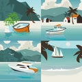 Four square nautical illustration set with tropical paradise landscape with various marine vessels.