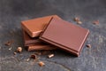 Four squares of dark and milk chocolate isolated on grey slate. Small bits of chocolate. Blur background