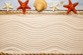 Four starfish and shell on wooden plank, hawser and beach sand