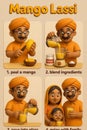 Four step guide illustrating the process of creating a delicious mango lassi, a beloved yogurt based drink from India. Ai