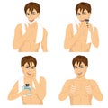 Four steps of man shaving his face