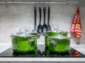 Four stewpots on induction cooker Royalty Free Stock Photo