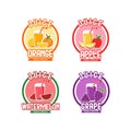 Four stickers with different combinations of fruits and berries. Vector illustration on a white background