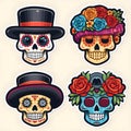 Four stickers skulls decorated with flowers, hat. For the day of the dead and halloween, white isolated background