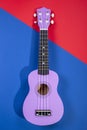 Four string ukulele guitar on blue-red background