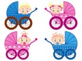 Four strollers with baby-boys and baby-girls Royalty Free Stock Photo