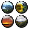 Four styled round glass lockets with photo landscapes inside