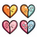 Four stylized heart emoticons different colors expressions split half. Comic book style hearts