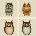 Four stylized owls. Decoration pattern. Vector illustration.