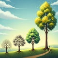 Four stylized trees of different sizes represent growth stages, from leafless to fully Royalty Free Stock Photo
