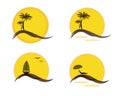 Four summer logo with sun, palm trees, ocean or sea, sailing ship and beach, vector illustration isolated on white Royalty Free Stock Photo