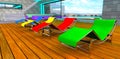 Four sun loungers of different color on the wooden floor in the yard of the eco-friendly country house. Clouds reflected in