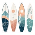 Four surfboards with different artistic designs featuring nature elements on a white background Royalty Free Stock Photo