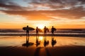 Four surfer friends sitting on their surfboard on the sand watching the sunset . Generative AI