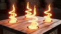 Four swirling vortexes of fire emerging from holes in a wooden table Royalty Free Stock Photo