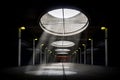 Symmetrical Underground dark moody concrete creepy carpark garages circular roof vents day light rays shining through futuristic