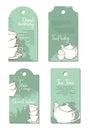 Four tags with cups and teapots