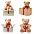 Four Teddy Bears in Cardboard Boxes with Red Ribbons Royalty Free Stock Photo