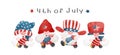 Four of 4th of July Gnome Patriotic holding firework America Independence day cartoon watercolor illustration vector