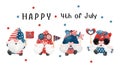 4th of July Gnome Patriotic holding USA flag America Independence day cartoon watercolor illustration vector