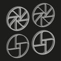 Four threeD wheels. Silver dynamic objects. Geometric radial design. Vector dark background. Royalty Free Stock Photo