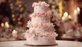 Four-tiered pink and white wedding cake decorated with rose flowers on table on party restaurant background. Wedding baked sweet Royalty Free Stock Photo