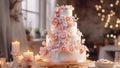 Four-tiered pink and white wedding cake decorated with rose flowers on table on party restaurant background. Wedding baked sweet Royalty Free Stock Photo