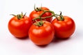 Four tomatoes with green stems on white surface with water droplets. Generative AI Royalty Free Stock Photo