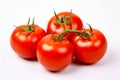 Four tomatoes are shown on white surface with green stem. Generative AI Royalty Free Stock Photo