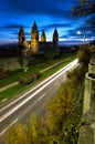 Four towers of christian cathedral with traffic lights in Pecs