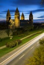 Four towers of christian cathedral with traffic lights in Pecs