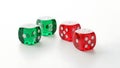 Four translucent dice two green and two red scattered on a white background Royalty Free Stock Photo