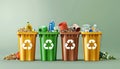 Four trash cans with recycling symbols on them by AI generated image Royalty Free Stock Photo