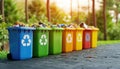 Four trash cans with recycling symbols on them by AI generated image Royalty Free Stock Photo