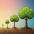 Four trees are illustrated, representing different stages of growth. Starting from a Royalty Free Stock Photo
