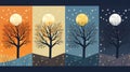 four trees with the moon and stars in the background