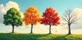 Four trees representing the cycle of seasons in a vibrant meadow landscape. Generative AI Royalty Free Stock Photo