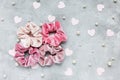 Four trendy velvet scrunchies, hearts and pearls