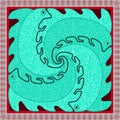 Four turquoise iguanas walk along the sides of an ornamental square. Decorative composition