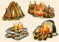 Four types of campfires Royalty Free Stock Photo