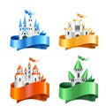 Four types of cartoon castles wrapped in ribbons