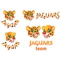 Four types of cartoon logos with jaguar heads and text